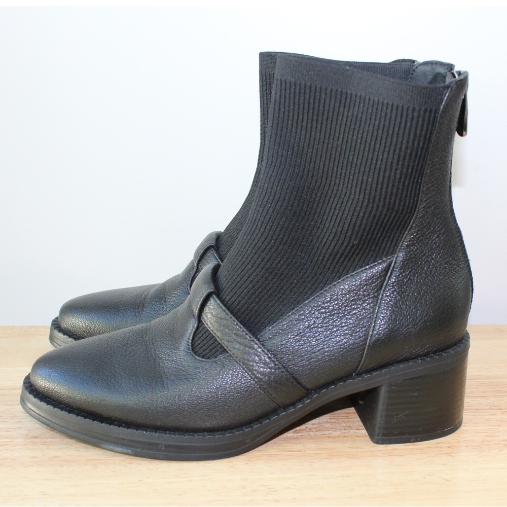 Black Pebbled Leather Sock Boots Pointed Toe Block Heel Booties Womens 6.5
